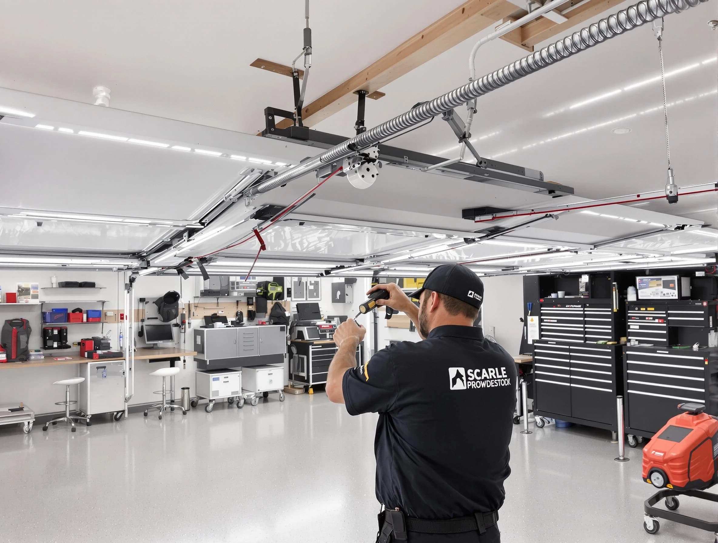 Westfield Garage Door Repair technician repairing overhead garage door in Westfield